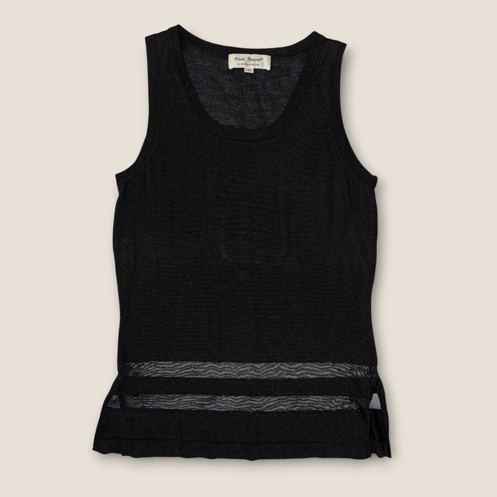 Rose Nacre Black Knit Tank Top Sheer Stripe Hem Sleeveless T1